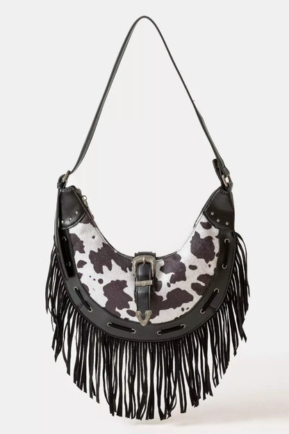Fame Cow Print Faux Leather Fringe Hobo Bag - Farnelli