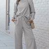 Double Take Full Size Textured Long Sleeve Top and Drawstring Pants Set - Light Gray