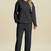 Double Take Full Size Texture Round Neck Long Sleeve Top and Pants Set - Black