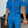 Men's Full Size Button Up Top and Shorts Set Plus Size - Blue