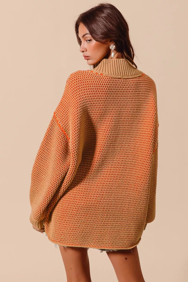 SO ME Oversized Two Tone Textured V Neck Sweater - Farnelli