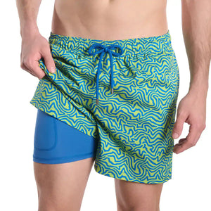 Capelle Miami Deco Maze Key Lime hybrid swim trunks with colorful print and compression lining, ideal for swimming and resort wear.