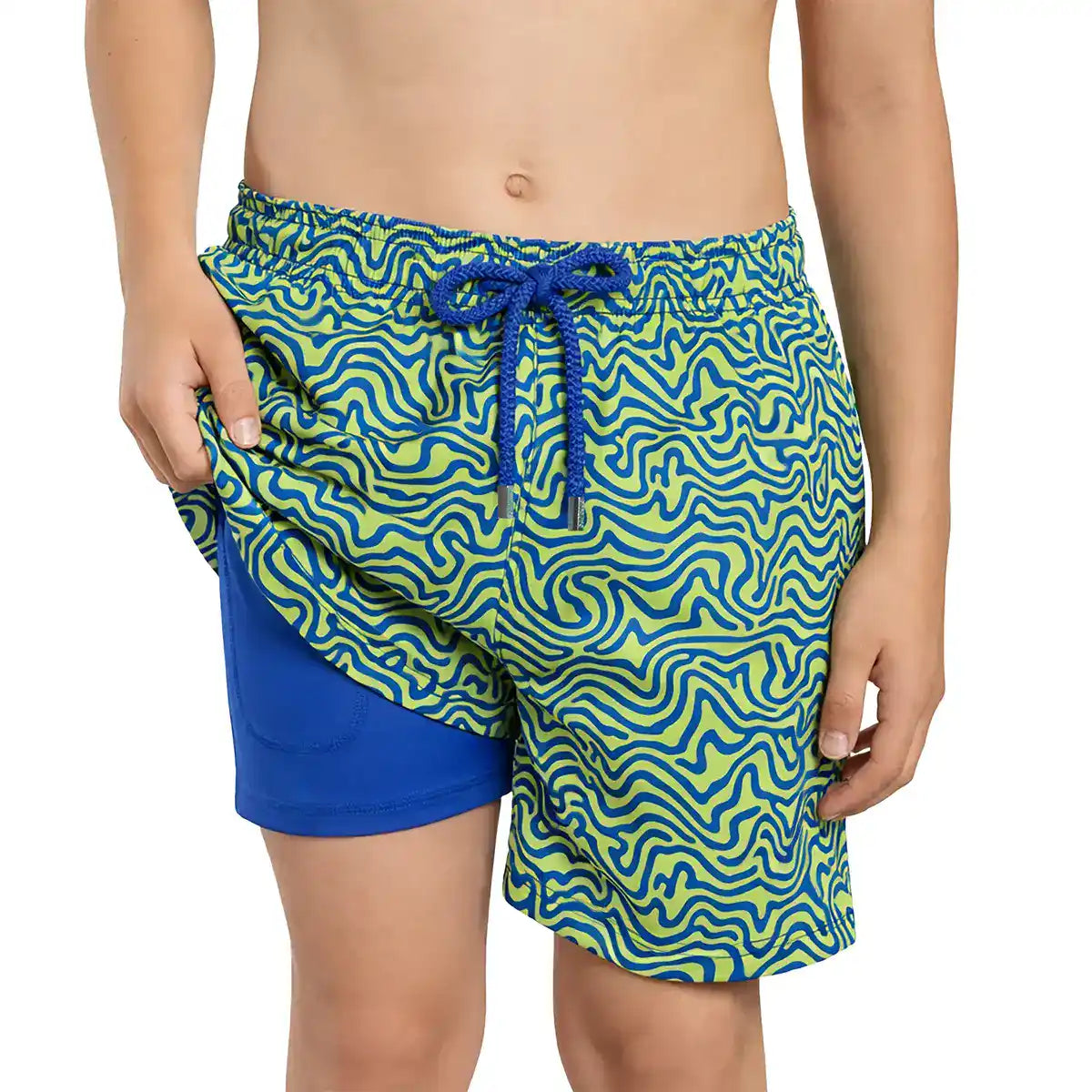 Capelle Miami boys' Deco Maze Key Lime hybrid swim and play trunks with a colorful maze design and elastic waistband.