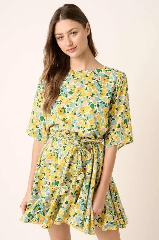 Mittoshop Floral Tie Waist Half Sleeve Mini Dress - Farnelli