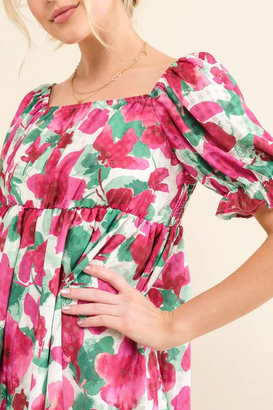 And The Why Smocked Floral Ruffle Short Sleeve Mini Dress - Farnelli