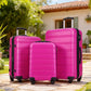 HouseOfZazla 3-piece hardside spinner luggage set in blue, purple, pink, and beige with TSA locks