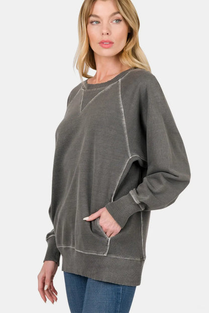 Zenana Round Neck Long Sleeve Sweatshirt - Farnelli