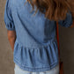 Hope Tied Front Bubble Sleeve Peplum Denim Shirt - Farnelli