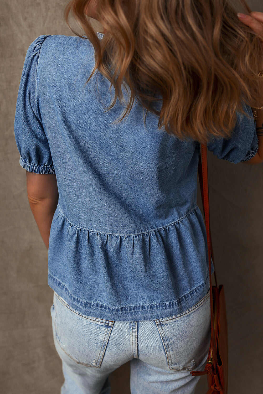 Hope Tied Front Bubble Sleeve Peplum Denim Shirt - Farnelli