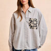 BiBi Flower Jacquard Knit Patch Pocket Stripe Shirt - GREY/BLACK