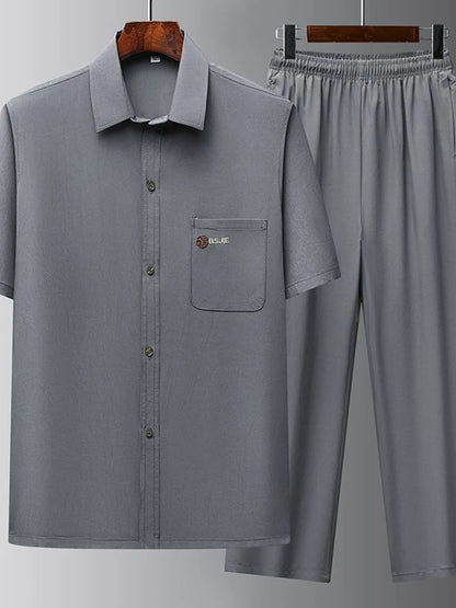 Men's Full Size Button Up Short Sleeve Top and Pants Set Plus Size - Farnelli