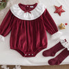 Children's Christmas Velvet Bodysuit and Socks Set - Burgundy