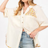 SAGE + FIG Full Size Floral Detail Button Up Short Sleeve Shirt - Ivory