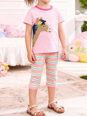 Children's Horse Applique Top & Rainbow Striped Pants Set - Farnelli