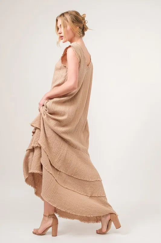 And The Why Washed Cotton Gauze Fringe Detail Tiered Dress - Farnelli