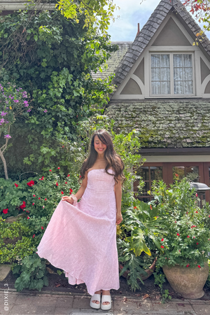 Flying Tomato pink woven midi dress with a fitted bodice and flowing skirt, perfect for casual or summer occasions.