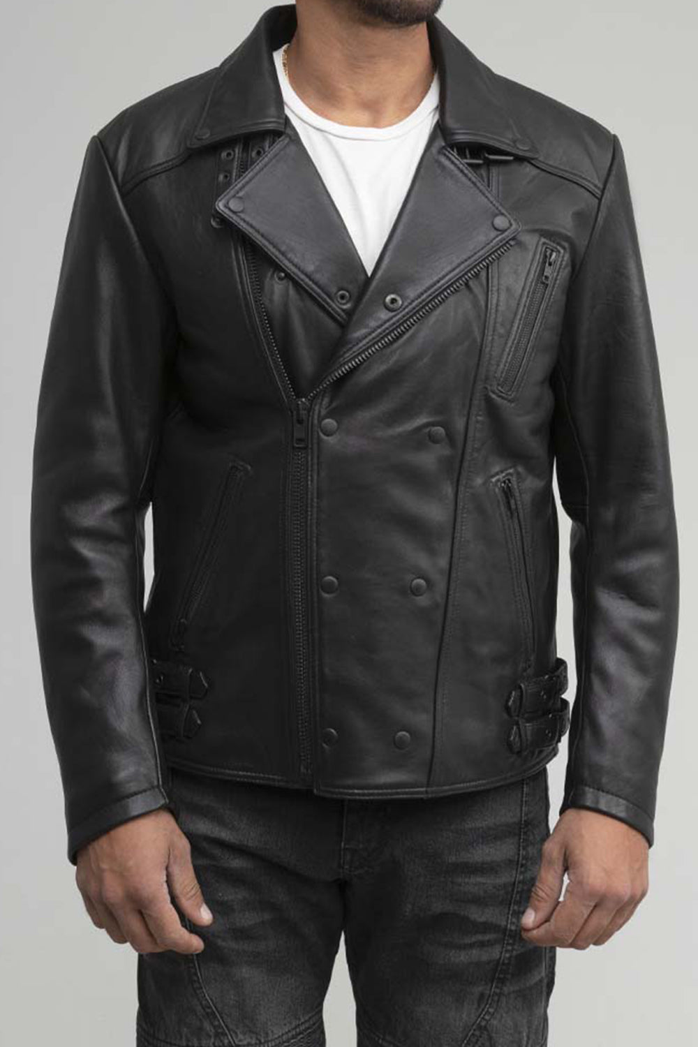 Whet Blu NYC Domanico men's leather fashion jacket, front view with stylish button details