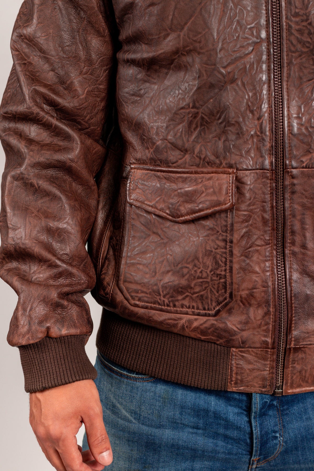 Whet Blu NYC Duke men's leather bomber jacket pocket view