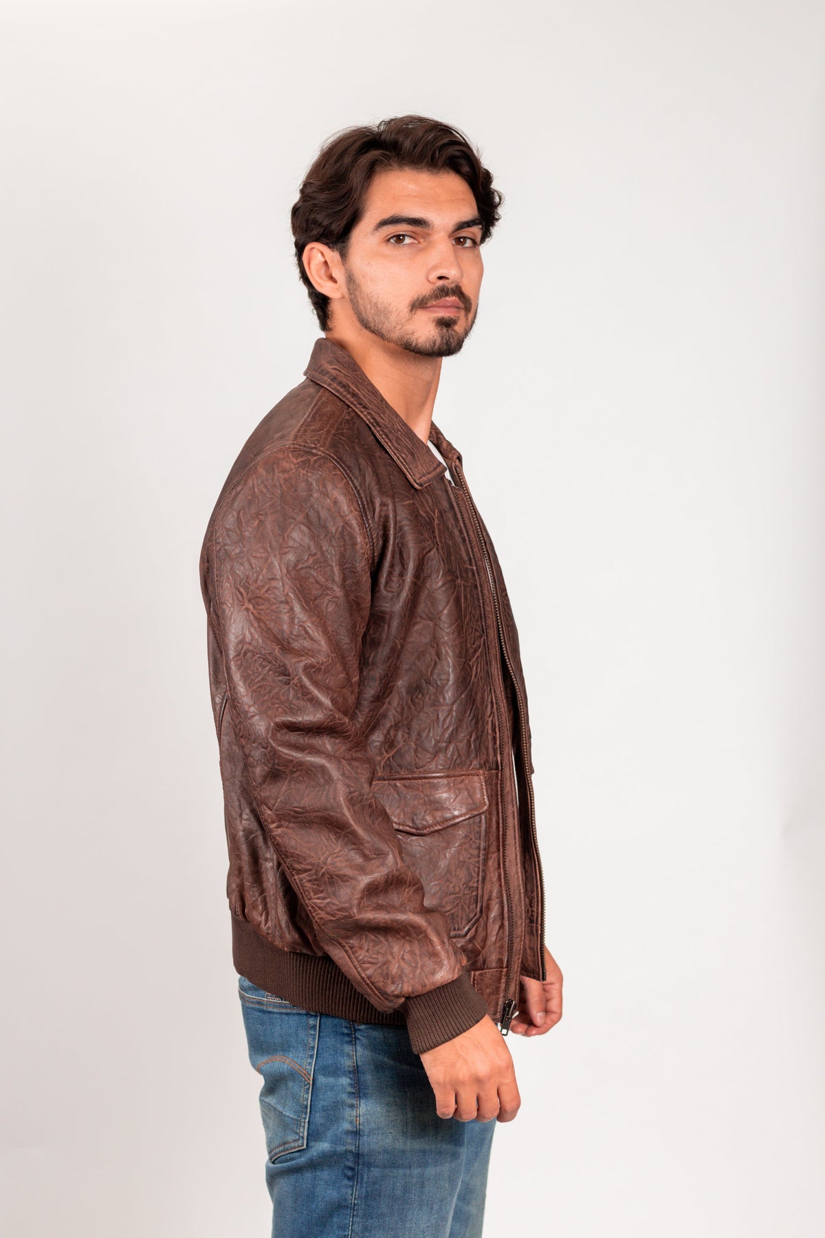 Whet Blu NYC Duke men's leather bomber jacket side view