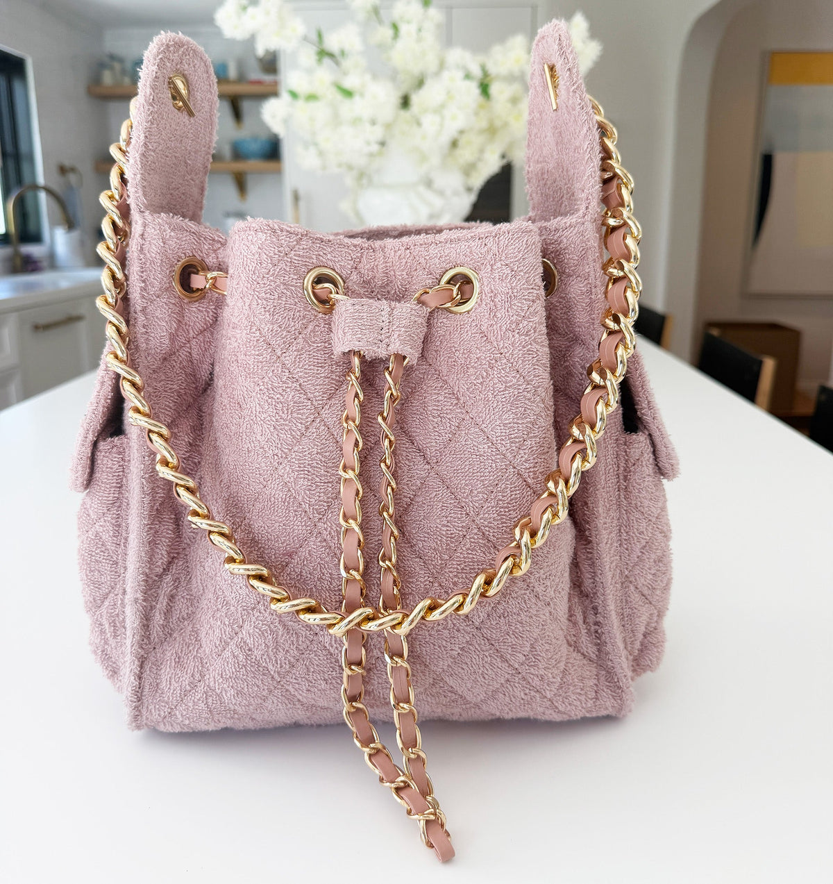 BEACH HAUS Bayshore Bucket Small bag in dusty rose pink with rounded bucket shape and shoulder strap