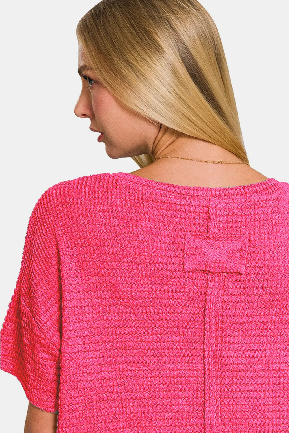 Zenana Drop Shoulder Short Sleeve Jacquard Knit Top - Farnelli