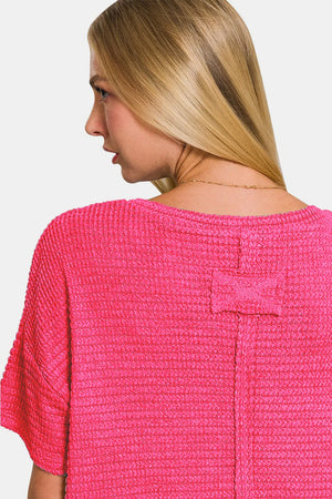 Zenana Drop Shoulder Short Sleeve Jacquard Knit Top - Farnelli