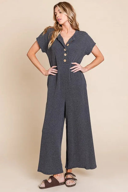 BOMBOM Rib Knit Jumpsuit with Button Detail - Farnelli