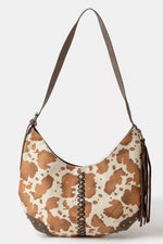 Fame Cow Print Hobo Shoulder Bag with Studded Details - Farnelli