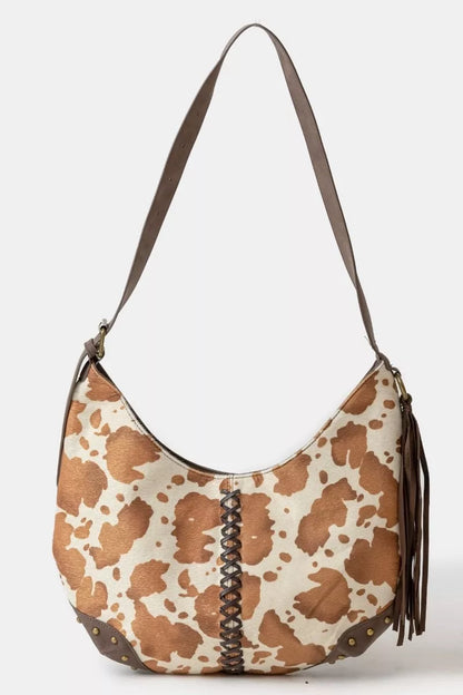 Fame Cow Print Hobo Shoulder Bag with Studded Details - Farnelli