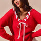 SO ME Satin Tape Braided Ribbon Tie V Neck Sweater - Farnelli