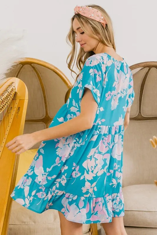 BiBi Floral Crinkle Shirred Ruffle Detail V Neck Dress - Farnelli