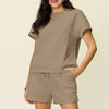 Double Take Full Size Texture Short Sleeve T-Shirt and Drawstring Shorts Set - Mocha