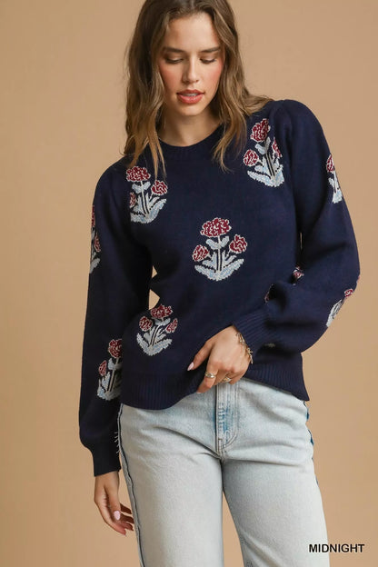Umgee Floral Knit Sweater with Puff Sleeves - Farnelli