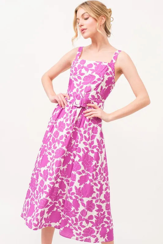 And The Why Square Neck Belted Floral Printed Midi Dress - Farnelli