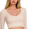 Zenana Seamless Fitted Rib V-neck Long Sleeve Crop Top - SAND BEIGE