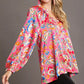 Umgee Full Size Satin Paisley Ruffle Neck Button-Up Shirt Plus Size - Farnelli