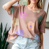 HOPELY Full Size Floral Round Neck Side Slit Waffle T-Shirt - Mocha