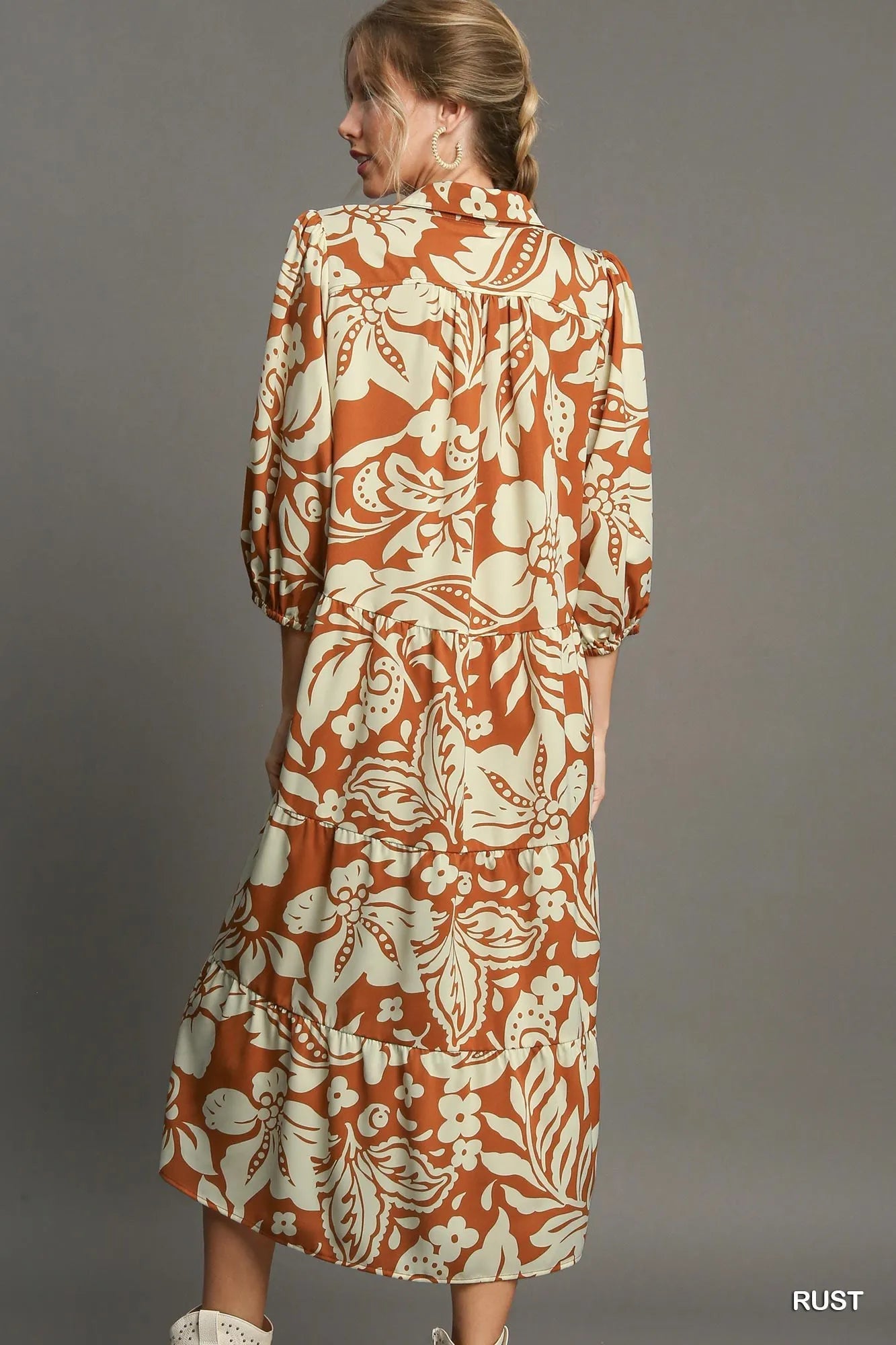 Umgee Full Size Floral Tiered Midi Shirt Dress Plus Size - Farnelli