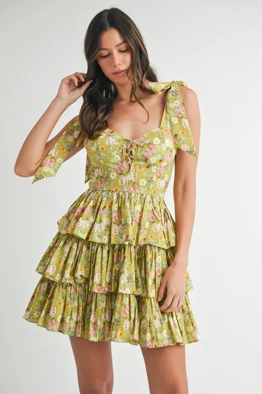MABLE Floral Print Shoulder Tie Layered Mini Dress - Farnelli