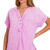 Zenana Washed Double Gauze 3/4 Button Henley Neck Shirt - BRIGHT MAUVE