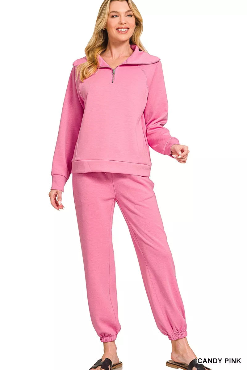 Zenana Scuba Half Zip Sweatshirts and Joggers Set - Farnelli