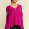 Davi & Dani Ribbed Side Slit V-Neck Sweater - Cerise