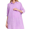 Zenana Washed Double Gauze Button Down Shirt Dress - B LAVENDER
