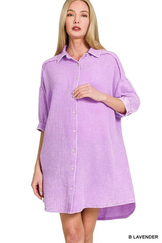 Zenana Washed Double Gauze Button Down Shirt Dress - Farnelli