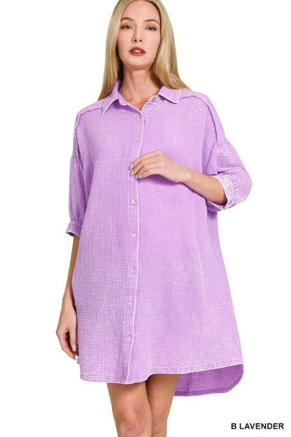 Zenana Washed Double Gauze Button Down Shirt Dress - Farnelli