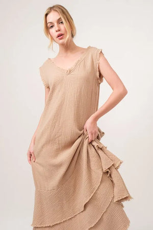 And The Why Washed Cotton Gauze Fringe Detail Tiered Dress - Farnelli