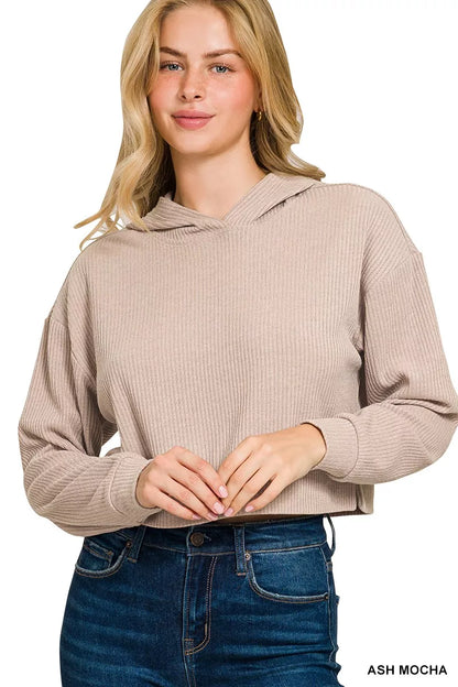 Zenana Drop Shoulder Ribbed Crop Hoodie - Farnelli