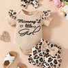Children's Leopard Ruffled Bodysuit and Shorts Set with Headband - Apricot