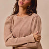 SO ME Mineral Washed Waffle Top With Puff Sleeves - MOCHA