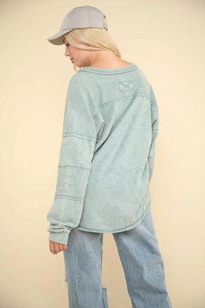 VERY J Washed V-Neck Exposed Seam Knit Top - Farnelli